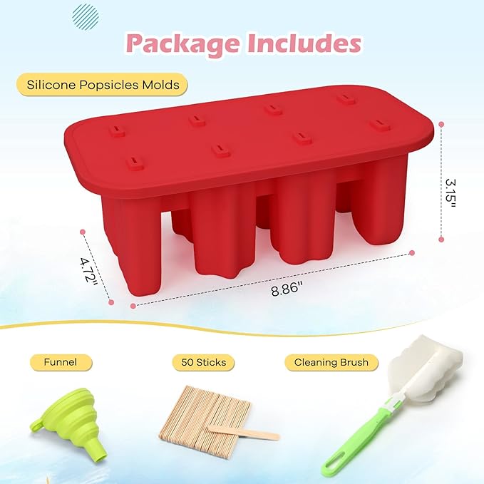 Popsicles Molds, 8-Cavity Silicone Popsicle Molds with 50 Sticks, BPA-Free Ice Pop Mold Popsicle Maker with Funnel & Cleaning Brush for Kids Adult Teens