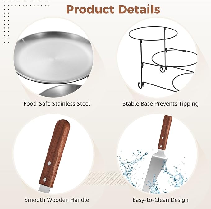 7 Pcs Pizza Pan Riser Stands Sets, Including 3 Tier Dessert Stand with Stainless Steel Pizza Pans(7.87in), and 3 Cake Spatulas for Cakes, Desserts, Pizza, Appetizers
