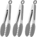 Small Serving Tongs with Silicone Tips 7 Inch Mini Stainless Steel Food Tongs, Set of 3 (Gray)