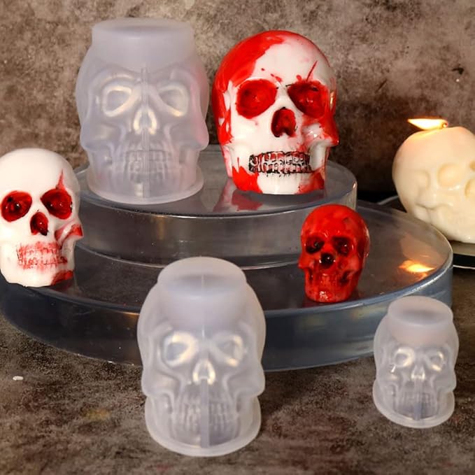 RESINWORLD Set of Large + Medium + Small 3D Skull Resin Molds, Flexible Clear Silicone Skull Head Molds, Silicone Molds for Resin, Soap, Clay, Candle Wax Casting, Halloween Home Decoration