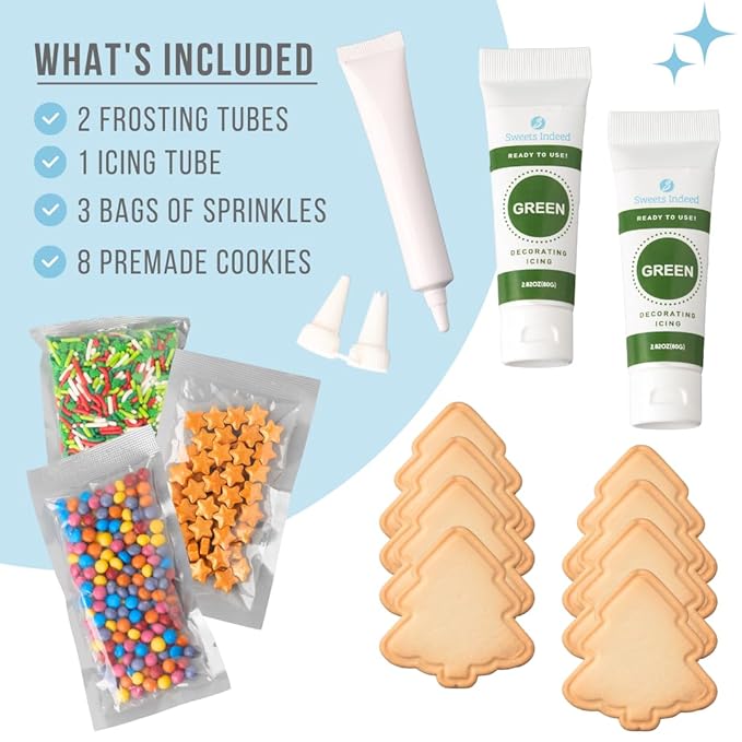 Sweets Indeed Christmas Tree Cookie Decorating Kit | 8 Pre-Baked Tree Cookies with Green & White Frosting and Sprinkles | Holiday Cookie Decorating Set for Kids, Families & Parties – 13.89 oz