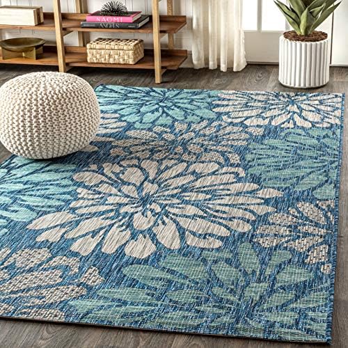 JONATHAN Y Floral Textured Weave Indoor Outdoor Area Rug 4X6 Navy/Aqua, Zinnia Modern for Backyard, Patio, Porch, Easy-Cleaning, High Traffic, Pet-Friendly, Non-Shedding (SMB110C-4) - Image 3