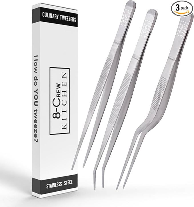 8-CREW KITCHEN Culinary Stainless Steel Tweezers, 6-inch Set of 3 Chef Precision Tongs for Plating, Decorating, Food Design, Bar and Multi-Purpose