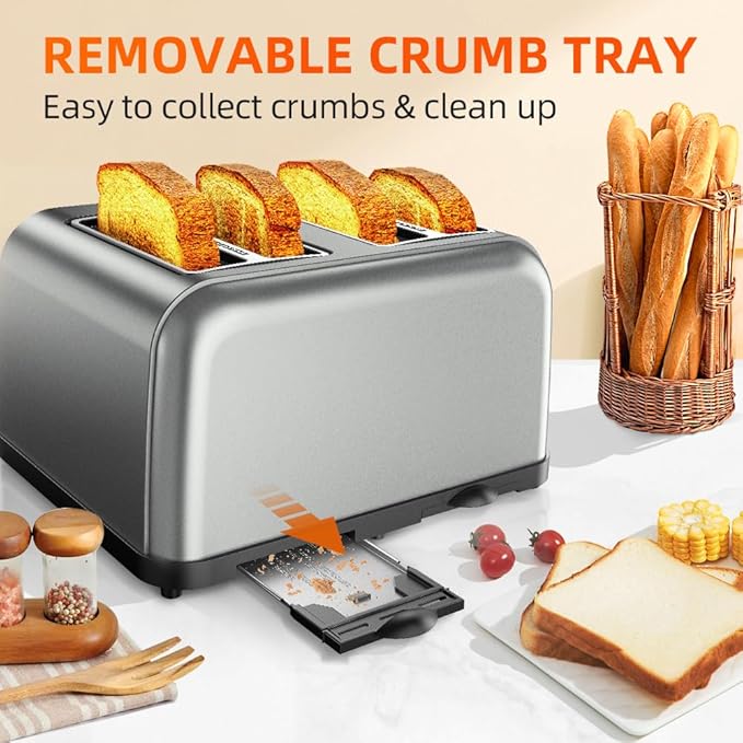 Grey Toaster 4 Slice, Dual Independent Controls, Extra Wide Slot Toasters for Bagel, Bread, Waffles, 7 Shade Settings, 4 Main Functions, Removable Crumb Tray, 1500 Watts, Grey Stainless Steel