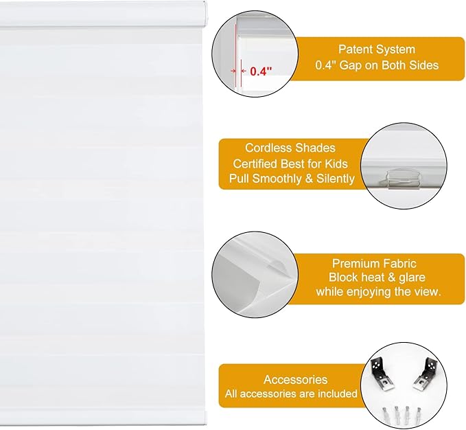 Persilux Cordless Zebra Blinds for Windows Free-Stop Roller Shades for Windows (62" W x 72" H, White) Dual Layer Window Treatments Room Darkening Roller Blinds for Home, Office and Kitchen