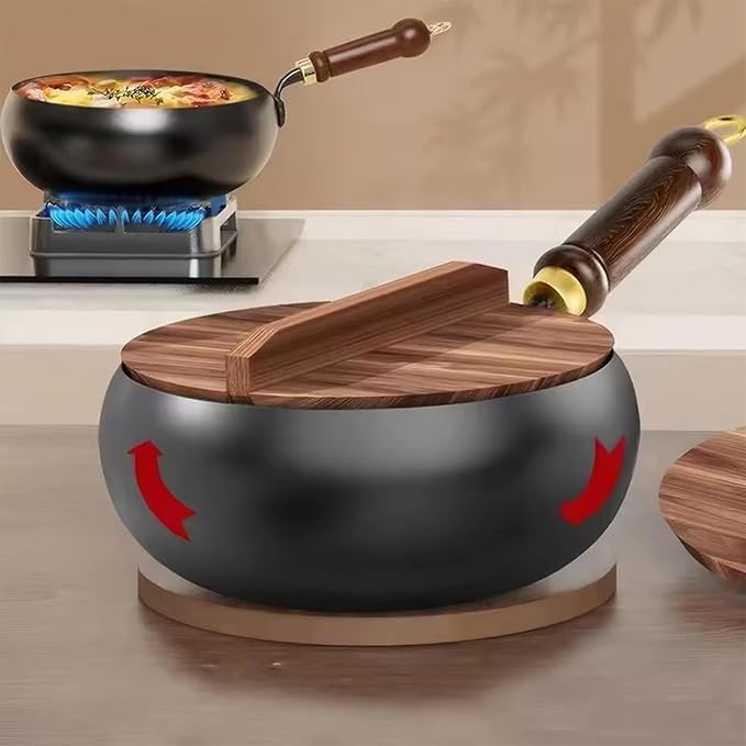 Jinswhdre Cast Iron Skillet, 9.5/11in Jinswhdre Japanese Irons Pan, Hand Forged Uncoated Iron Pan with Lid Spatula, Non-stick Wok for Cooker Gas Stir Fry Pans Durable and Rust-Free (Glass Lid,10.2in)