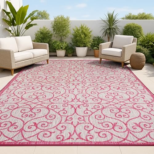 JONATHAN Y Vintage Filigree Indoor Outdoor Area Rug 9X12 Light Gray/Fuchsia, Madrid Textured Weave for Backyard, Patio, Porch, Easy-Cleaning, High Traffic, Pet-Friendly, Non-Shedding (SMB107I-9) by JONATHANY
