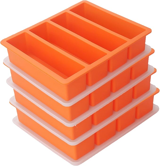 Large and Long Ice Cube Tray 4 Pack Silicone Freezing Container Sticks with Lid for Whiskey, Water Bottle, Food Leftovers and Baking(Orange)