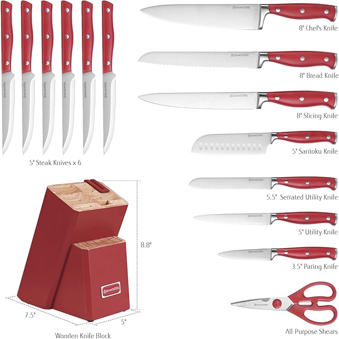 Red Knife Set, 15-Piece Knife Block Set with Built-in Sharpener Scissors for Kitchen, Dishwasher Safe Knives Set Elegant Present for Family & Restaurant