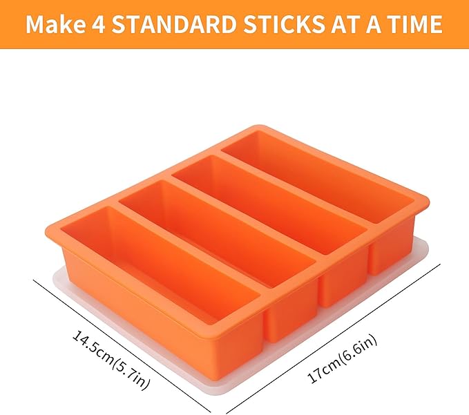 Large and Long Ice Cube Tray 4 Pack Silicone Freezing Container Sticks with Lid for Whiskey, Water Bottle, Food Leftovers and Baking(Orange)