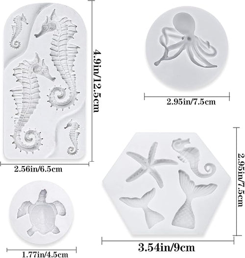 4 PCS Marine Theme Fondant Silicone Mold Hippocampus Turtle octopus Shape DIY Handmade Baking Tools, For Theme Cake Cookie Chocolate Candy Decoration Fondant Polymer Clay