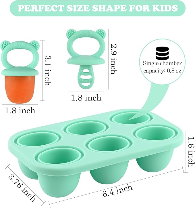HUAKENER Mini Popsicle Molds, Silicone Popsicle Mold for Toddlers, 6-Cavity Ice Pop Molds with Handle for Making Healthy Baby Food, Breastmilk Popsicle (Green)