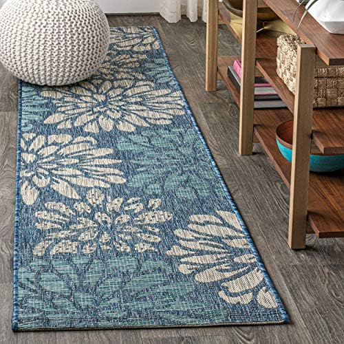 JONATHAN Y Floral Textured Weave Indoor Outdoor Runner Rug 2X14 Navy/Aqua, Zinnia Modern for Backyard, Patio, Porch, Easy-Cleaning, High Traffic, Pet-Friendly, Non-Shedding (SMB110C-214) by JONATHANY