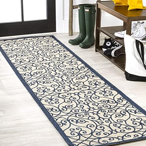 JONATHAN Y Vintage Filigree Indoor Outdoor Runner Rug 2X8 Navy/Beige, Madrid Textured Weave for Backyard, Patio, Porch, Easy-Cleaning, High Traffic, Pet-Friendly, Non-Shedding (SMB107G-28) by JONATHANY