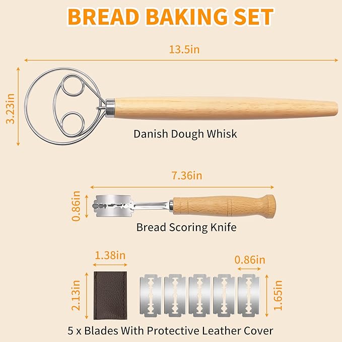 ALLTOP Danish Dough Whisk and Bread Lame Set - Dough Mixer and Bread Scoring Knife for Easy Mixing,Cuts - Essential Sourdough Making Tool for Novices & Expert Bakers
