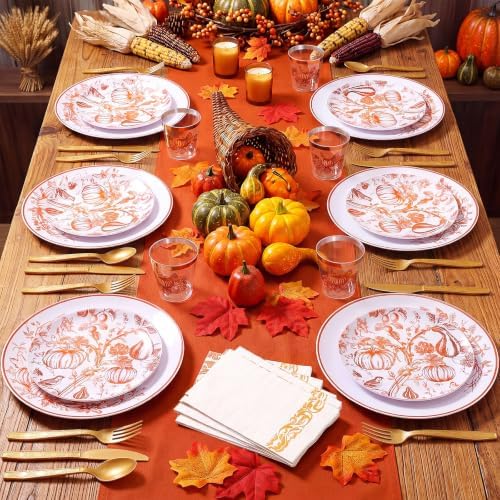 175 Pcs Rosh Hashanah Fall Plastic Dinnerware Set, Pumpkin, Orange - Image 5