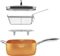 FELAMP 9.5-Inch Ceramic Nonstick Deep Square Frying Pan Set with Glass Lid, Stainless Steel Fry Basket & Steamer Rack, Induction Compatible, Oven &Dishwasher Safe, 4-Piece Copper Pan Chef Cookware Set