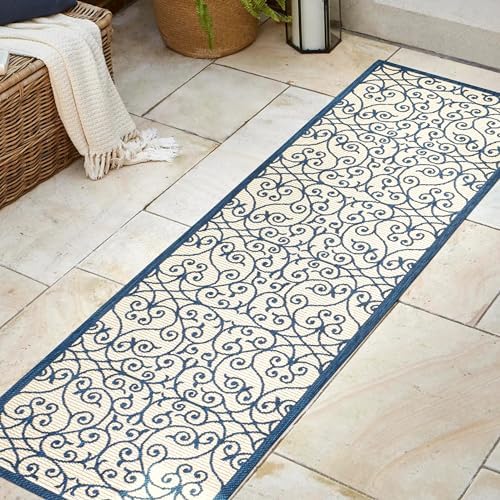 JONATHAN Y Vintage Filigree Indoor Outdoor Runner Rug 2X8 Navy/Beige, Madrid Textured Weave for Backyard, Patio, Porch, Easy-Cleaning, High Traffic, Pet-Friendly, Non-Shedding (SMB107G-28) - Image 3