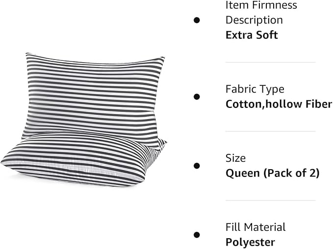 EIUE Bed Pillows for Sleeping 2 Pack Queen Size，Super Soft Down Alternative Microfiber Filled Pillows,Pillows for Side and Back Sleepers,20 x 30 Inches,Striped White Grey