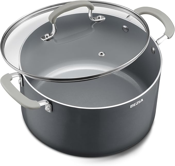 10 Quart Nonstick Stock Pots with Lid, BEZIA Ceramic Soup Pot with Lid, Induction Ready, Cooking Pots with Silicone Handle, Large Pot for Cooking, Compatible with All Cooktops, Dishwasher Safe