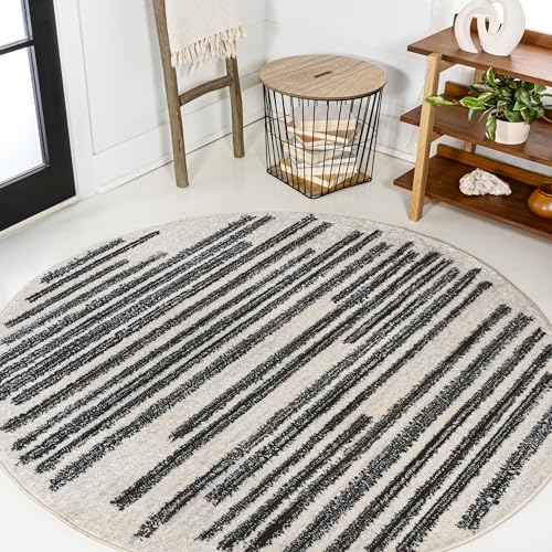 JONATHAN Y Khalil Modern Berber Stripe Cream/Black 6' Round Indoor Area Rug, Contemporary, Bohemian, Easy-Cleaning for Living Room, Bedroom, Kitchen, Pet Friendly, Non-Shedding (MOH207A-6R) by JONATHANY
