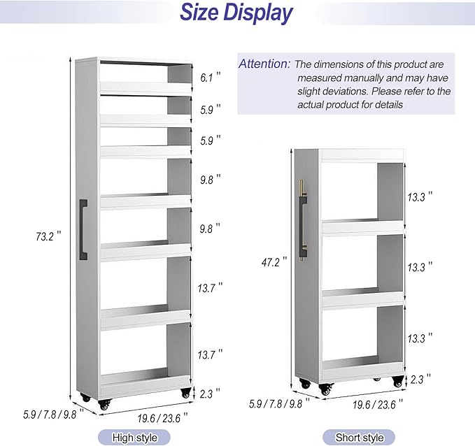 7-Tier Slim Storage Cart, Wooden Rolling Pantry Cabinet with Wheels, Narrow Shelf Organizer for Kitchen, Bakers Rack, Dining Room, Closet, Small Spaces Light Walnut 73.2" H*7.8" W*23.6" D