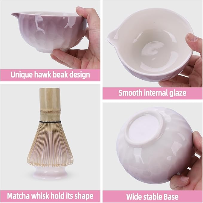 Matcha Whisk Set,4pcs Matcha Set Whisk and Bowl with Spout,Ceramic Matcha Whisk Holder,Scoop(Chashaku),Matcha Kit for Matcha Lovers Kitchen Matcha Accessories,Ideal Gift Christmas(Gradient Purple)
