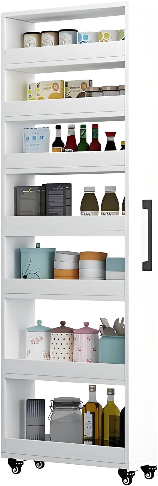 7-Tier Slim Storage Cart, Wooden Rolling Pantry Cabinet with Wheels, Narrow Shelf Organizer for Kitchen, Bakers Rack, Dining Room, Closet, Small Spaces Warm White 73.2''H*9.8''W*19.6''D