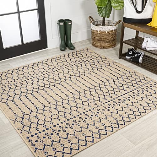 JONATHAN Y Moroccan Geometric Indoor Outdoor Square Area Rug 8X8 Beige/Navy, Ourika Textured Weave for Backyard, Patio, Porch, Easy-Cleaning, High Traffic, Pet-Friendly, Non-Shedding (SMB108H-8SQ) by JONATHANY