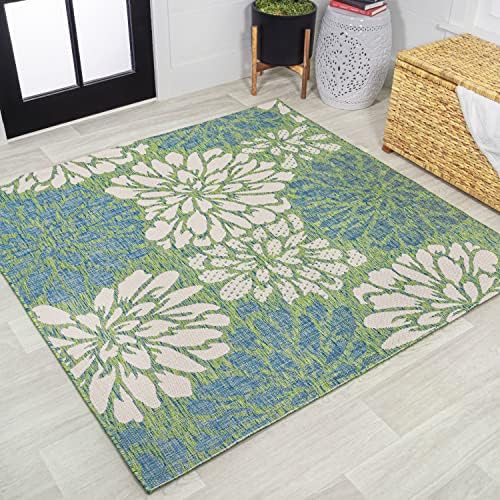 JONATHAN Y Floral Textured Weave Indoor Outdoor Square Area Rug 4X4 Cream/Green, Zinnia Modern for Backyard, Patio, Porch, Easy-Cleaning, High Traffic, Pet-Friendly, Non-Shedding (SMB110D-4SQ) by JONATHANY