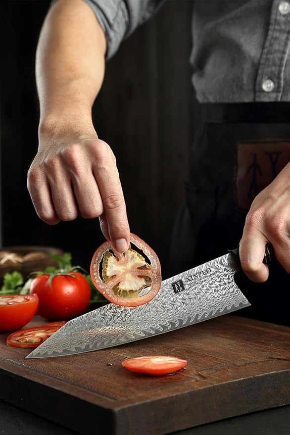 XINZUO 8.5 Inch Japanese Kiritskue Chef Knife, Professional Chef Knife,Damascus Kitchen Knife for Chefs and Home Cooking, Desert Ironwood Handle, Walnut Magnetic Wooden Sheath, Acacia Wood Box Package