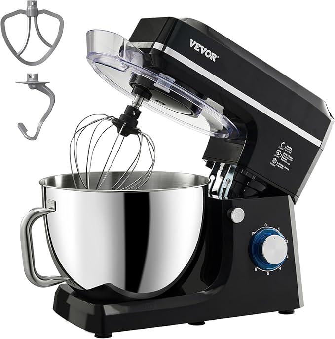 VEVOR Stand Mixer, 8.3QT Dough Mixer, 660W 6+P Speeds Tilt-head Food Mixer with Stainless Steel Bowl, Dough Hook, Wire Whip, Flat Beater, Scraper, Household Stand Mixer for Baking & Mixing, Black