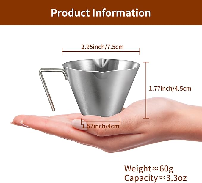2Pcs Stainless Steel Espresso Cup, Double Spout Metal Espresso Measuring Cup with Handle, 3.4oz/100ml V-Shaped Mouth with Dual Scale (Black+White)