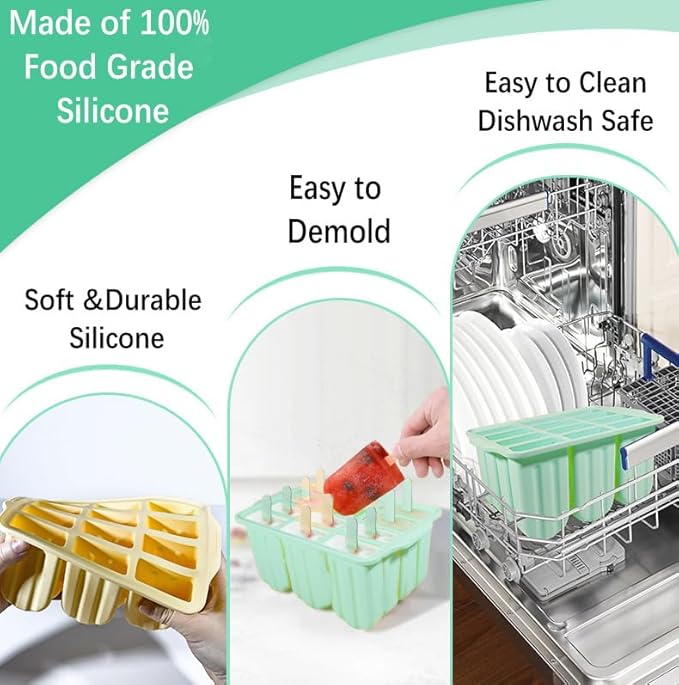 Silicone Popsicles Molds 12 Pieces, Popsicle Holders for Kids with 50 Wooden Sticks Cake Pop Molds, Ice Pop Mold BPA Free Easy Release,Ice Cream Molds Popsicle Maker for Toddlers