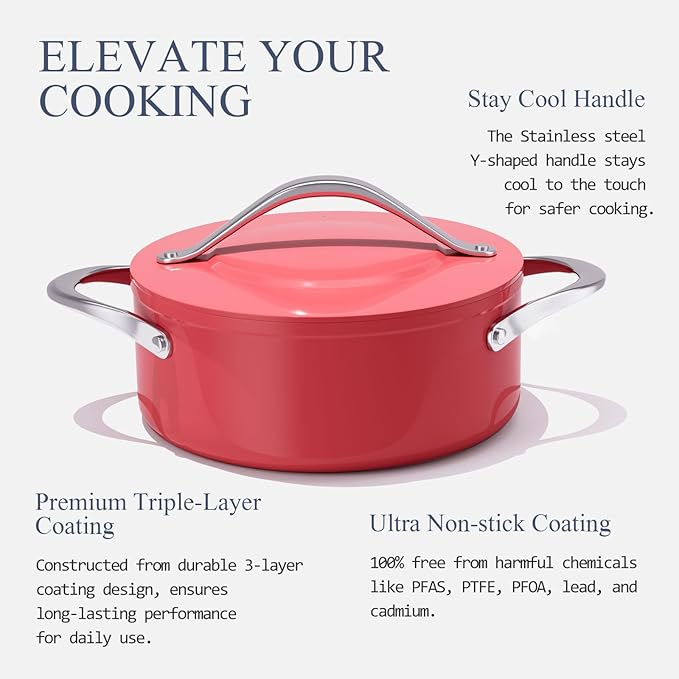 Dutch Oven Pot with Lid 4.5QT Stock Pot 9.5 Inch Nonstick Ceramic Coated Soup Pot Non-Toxic PFAS-Free, Quick & Even Heat Distribution for Braising, Baking Bread & Stewing, Compatible for All Cooktops(Induction/Gas/Electric) Oven Safe to 500°F, Fusion Red