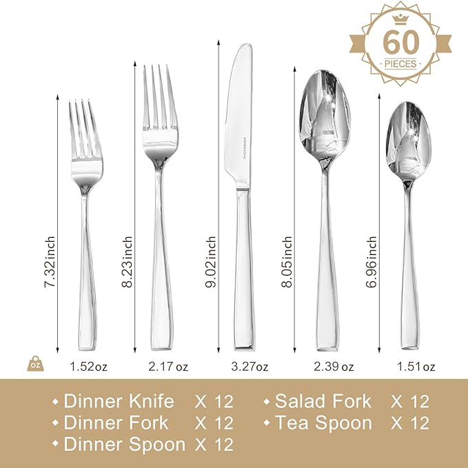 KINGSTONE Mirror Polish Silverware Set for 12, 60-Piece 18/10 Stainless Steel Flatware Set, Dishwasher Safe Cutlery Set for Wedding, Home, Restaurant, Knives Spoons and Forks Set