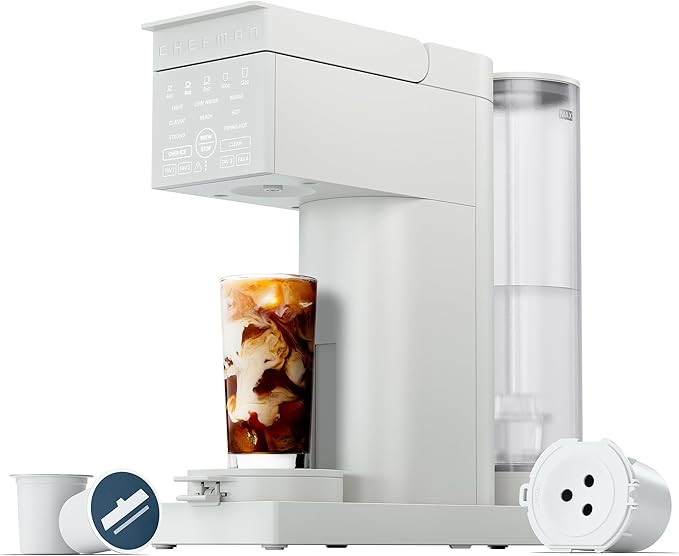 Chefman Caffeinator Single Serve Coffee Maker, Brew Kcups & Grounds, Drip Coffee Machine with Brew Strength Settings, Iced Coffee Function, 48 oz. Removable Water Reservoir - Includes 4 Filters