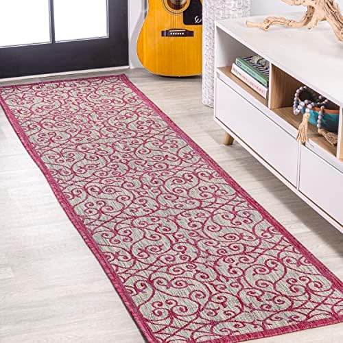 JONATHAN Y Vintage Filigree Indoor Outdoor Runner Rug 2X8 Light Gray/Fuchsia, Madrid Textured Weave for Backyard, Patio, Porch, Easy-Cleaning, High Traffic, Pet-Friendly, Non-Shedding (SMB107I-28) by JONATHANY