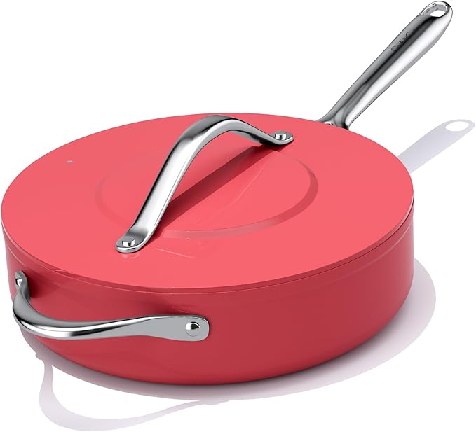 Nonstick Ceramic Sauté Pan with Lid (4.5 qt, 11") Deep Frying Pan for All Cooktops Non Toxic Skillet PTFE/PFAS Free Dishwasher & Oven Safe up to 500°F w/Stainless Steel Handle, Fusion Red