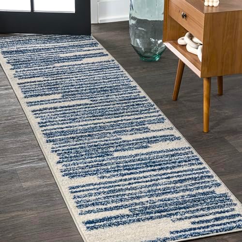 JONATHAN Y Khalil Modern Berber Stripe Cream/Navy Runner Rug, 2x8, Contemporary, Bohemian, Easy-Cleaning for Living Room, Bedroom, Kitchen, Pet Friendly, Non-Shedding (MOH207E-28) by JONATHANY