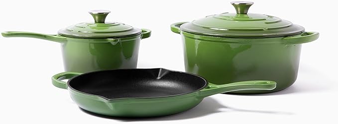 Larder & Vine 5-Piece Enameled Cast Iron Cookware Set - Includes 5.7 Quart Dutch Oven with Lid, 10.25 Inch Skillet, 2.2 Quart Saucepan with Lid (Okra)