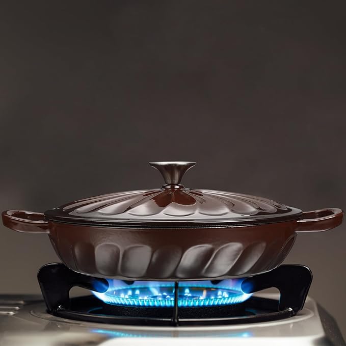 Enameled Cast Iron Braiser, 3.8 Quart Enamel Dutch Oven with Handles, Cast Iron Braiser Pan with Lid,Enameled Cookware (Brown)