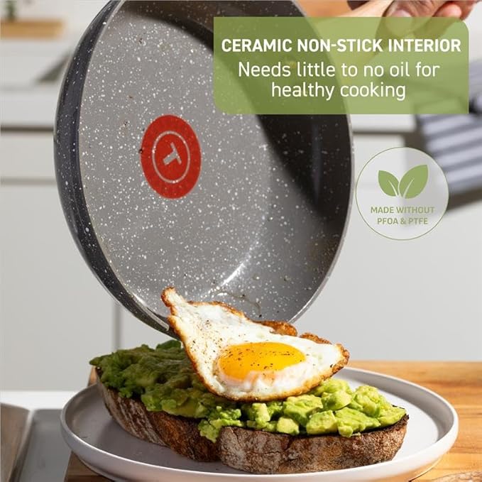 T-fal Revive Ceramic Nonstick Frying Pan with Lid, 6 Qt, Oven Safe to 350°F Cookware, Skillet Pots and Pans, Grey Granite