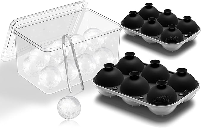 Samuelworld Large Ice Ball Mold with Lid and Bin, 2.5 Inch Ice Balls - Food Grade, Easy To Fill Round Silicone Ice Tray, Perfect Spheres Craft Ice Maker for Whiskey, Cocktails-Black (2 Pack)