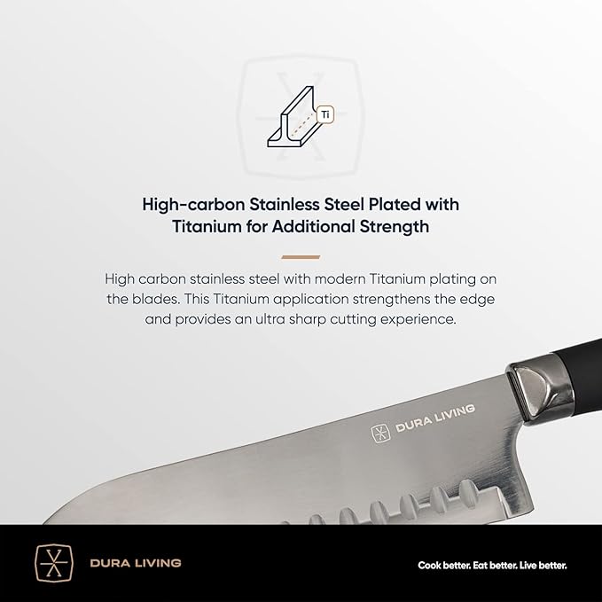 DURA LIVING Santoku Knife - 7 Inch Black Nonstick Titanium Plated Stainless Steel Ultra Sharp Blade, With Ergonomic Comfort Grip Handle Asian Chef's Knife, With Matching Sheath