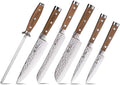 BGT Japanese 67 Layer High Grade VG-10 Super Damascus Steel Knives, Sharp, Teak Handle Professional Hammered Kitchen Knife Set with Knife Roll Bag 6Pcs Set (Silver Blade)