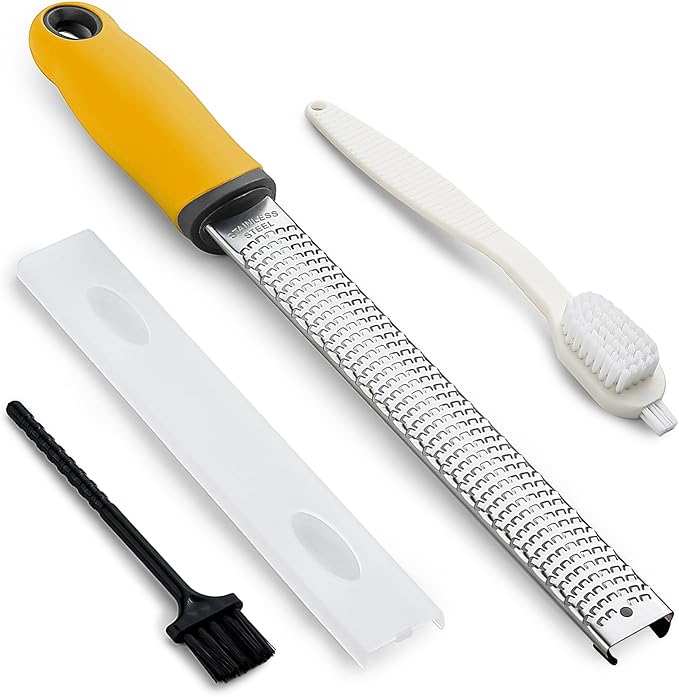 Koythin Zester, Lemon Zester & Cheese Grater with Brush, Heavy Duty Kitchen Tool for Zesting Citrus, Parmesan Cheese, Chocolate, Ginger, Fruits, Stainless Steel with Handle and Cover (Yellow)