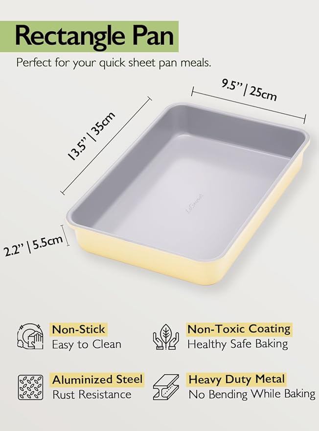 LeGourmet Nonstick Rectangle Baking Pan 9x13 Inch, Ceramic Coating, Non-Toxic, Rust Resistant Aluminized Steel, Perfect Baking Dish for Brownie Cake, Roasting, Lasagna - Butter