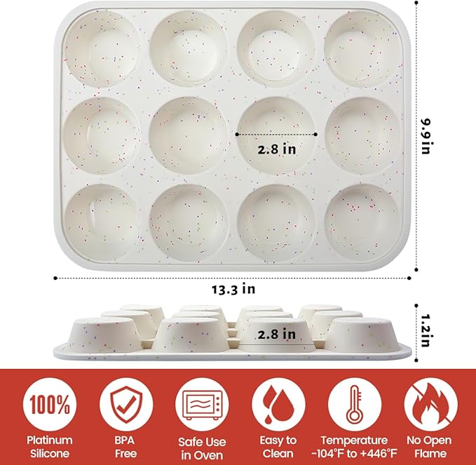 Silicone Muffin Pan, Metal Reinforced Frame Cupcake Pan 12 Cups Regular Size Easy to Move in or Out of Oven Non-Stick (1)