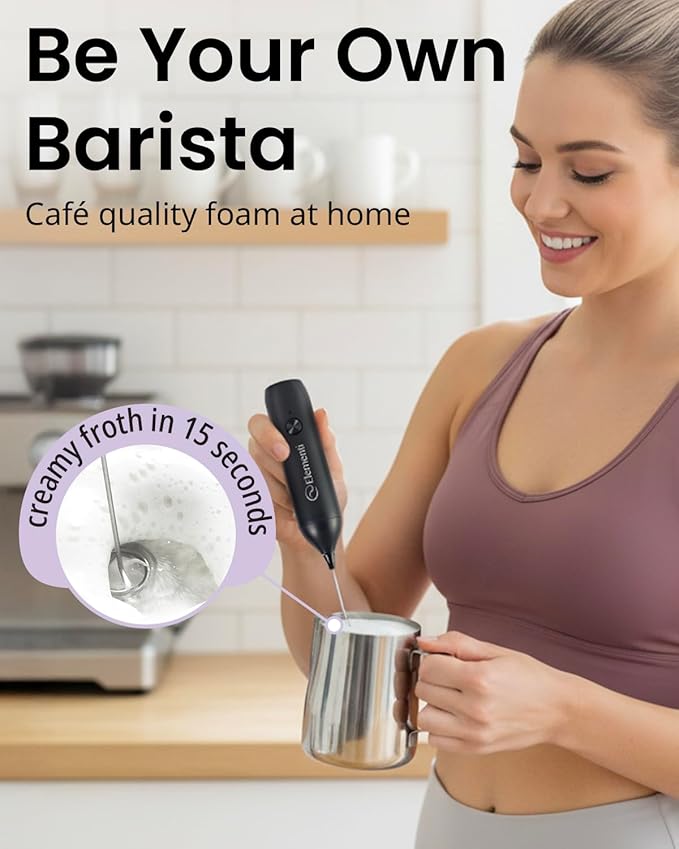 Elementi Milk Frother Wand Rechargeable Drink Mixer - Powerful USB-C Rechargeable Frother Handheld & Coffee Mixer Wand - Hand Held Milk Foamer to Make Perfect Cappuccinos, Lattes & Drink Mixes (Black)
